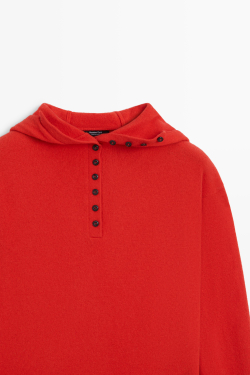 Massimo Dutti Трикотажный свитер с капюшоном и пуговицами, красный