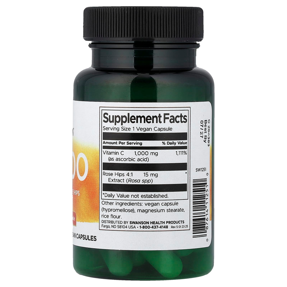 Swanson Vitamins, C-1000 с шиповником, 30 веганских капсул