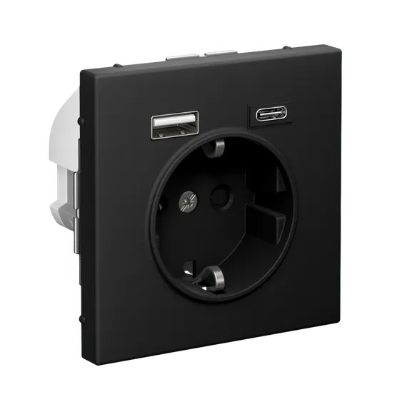 Розетка с USB A+C с заземлением и защитными шторками Systeme Electric ArtGallery Карбон GAL001032