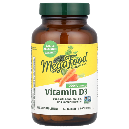 MegaFood, Витамин D3, 25 мкг (1000 МЕ), 60 таблеток