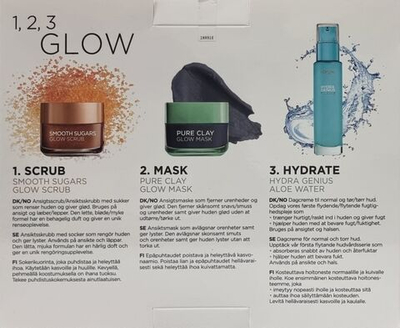 Набор для лица L'Oral GLOW (скраб, маска, увлажняющая вода с алоэ вера) 170 мл (Франция)