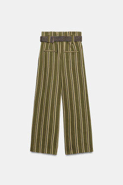 ZARA БРЮКИ В ПОЛОСКУ С РЕМНЕМ, ЭКРЮ/ЗЕЛЕНЫЙ