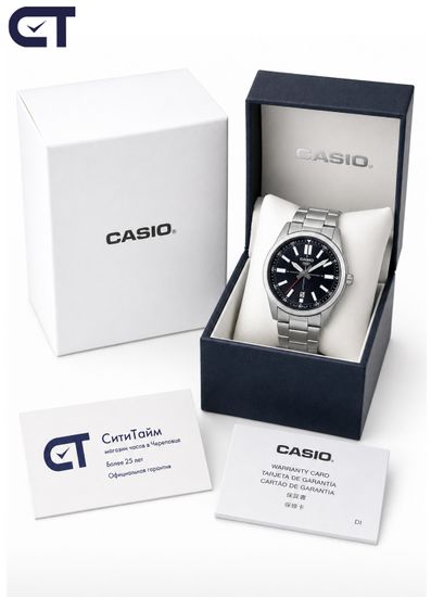 Casio MTP-VD02D-1E General часы наручные мужские — чёрный циферблат, стальной браслет и дата