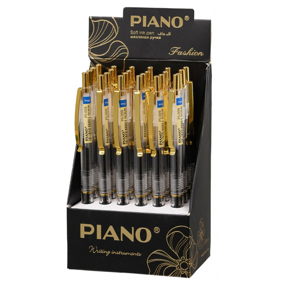 Ручка шариковая, масляная, автоматическая, Piano, синие чернила, серия "Gold", прозрачный золотой корпус, 24 шт