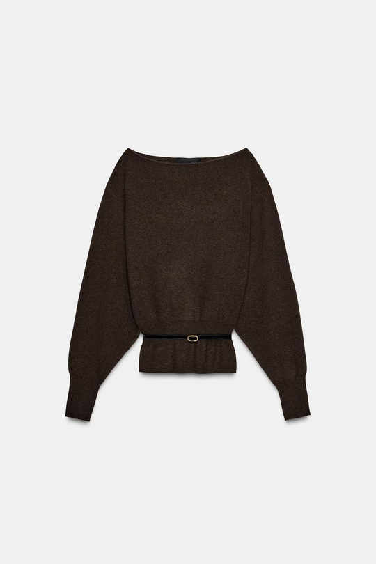 ZARA ВЯЗАНЫЙ СВИТЕР С ПОЯСОМ, ШОКОЛАДНЫЙ