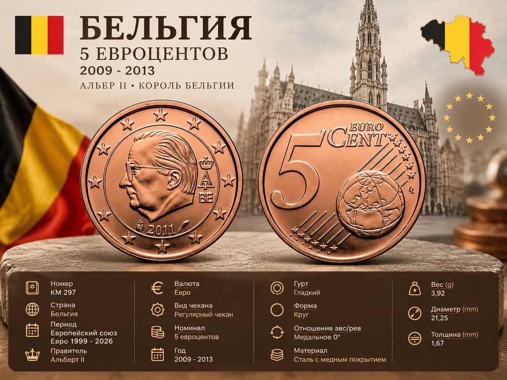 Бельгия 5 евроцентов, 2011 Король Альберт II XF