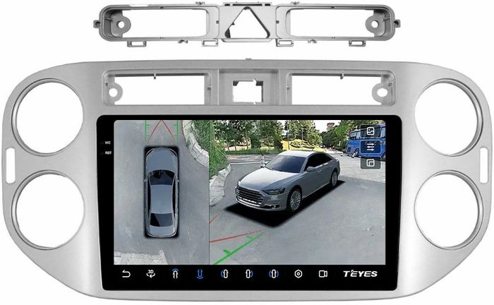 Магнитола для Volkswagen Tiguan 1 2007-2011, Golf Plus (аварийка треугольная, рамка серебро) - Teyes CC3-2K-360 на Android 10, Быстрая, 2K QLED, CarPlay, 4G SIM-слот, 4 камеры в комплекте