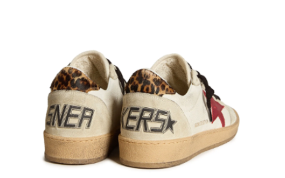Women's Golden Goose Ball Star Sneakers with Burgundy Star and Leopard Heel Tab