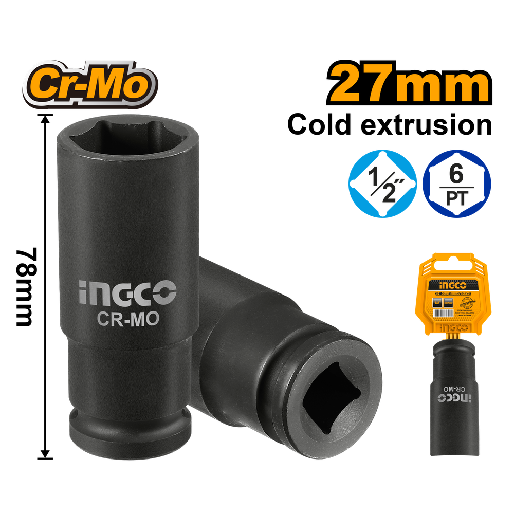 Головка торцевая ударная удлиненная INGCO HDIS12271L INDUSTRIAL 1/2" 27 мм Головка торцевая ударная удлиненная INGCO HDIS12271L INDUSTRIAL 1/2" 27 мм