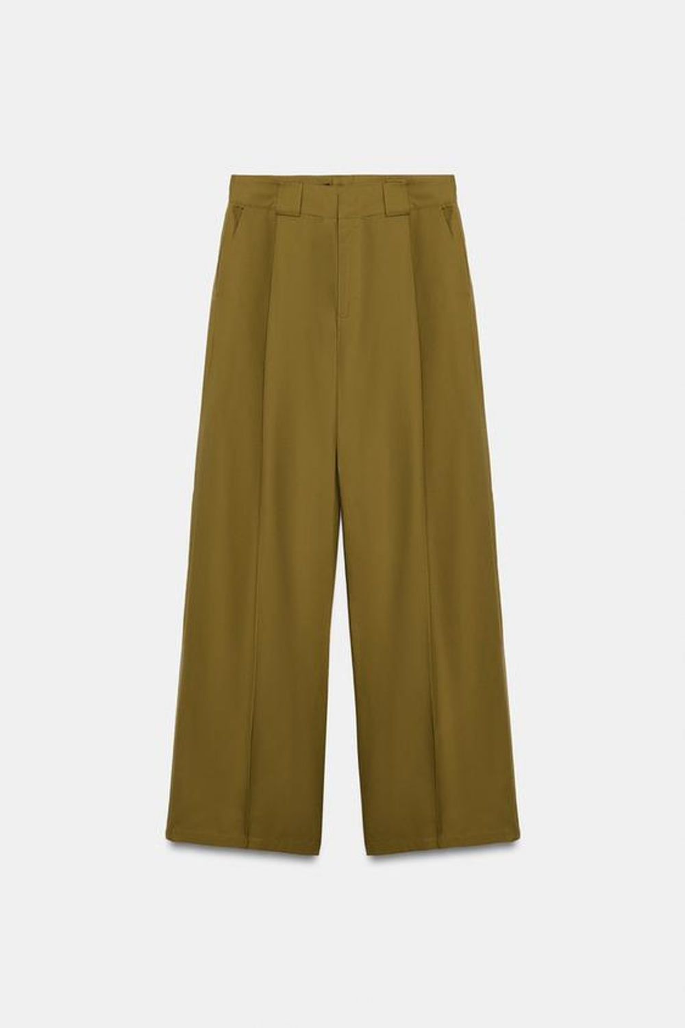 ZARA БРЮКИ СО СКЛАДКАМИ И ШЛЕВКАМИ, ЦВЕТ ОЛИВКОВОГО МАСЛА
