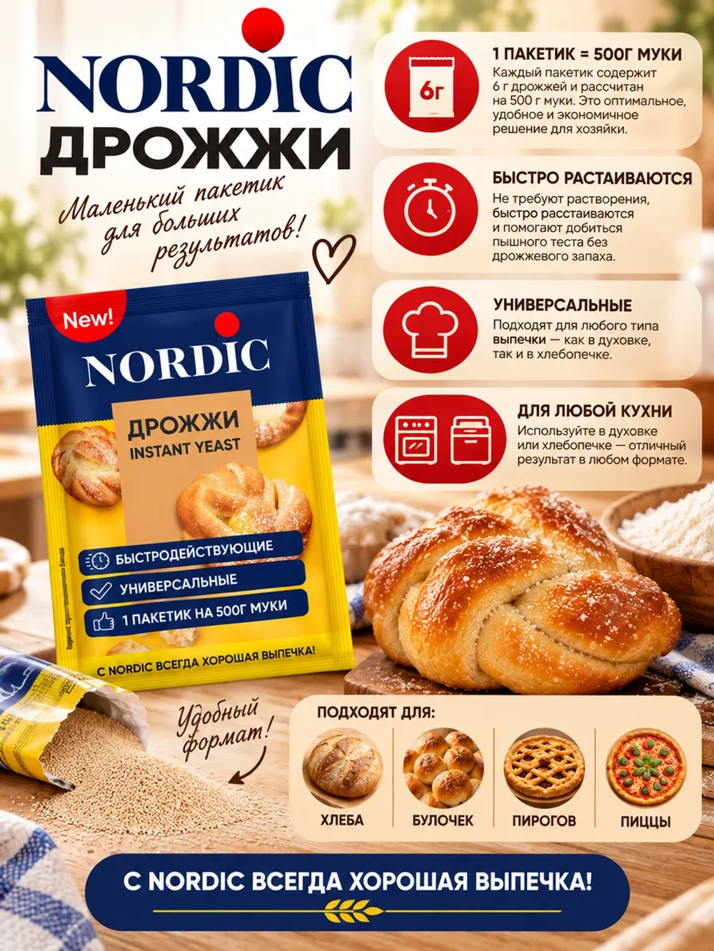 Сухие быстродействующие дрожжи Nordic 6 г * 3 шт