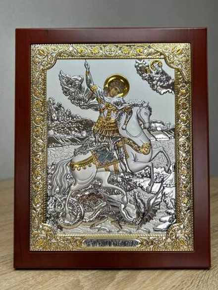 Георгий Победоносец, икона прямоугольная с рамкой, красное дерево 185х235