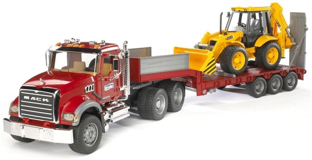 Тягач с прицепом–платформой MACK с колёсным экскаватором–погрузчиком JCB 4CX