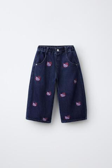 ZARA ДЖИНСЫ BARREL С ВЫШИВКОЙ HELLO KITTY © SANRIOЙ, СИНИЙ