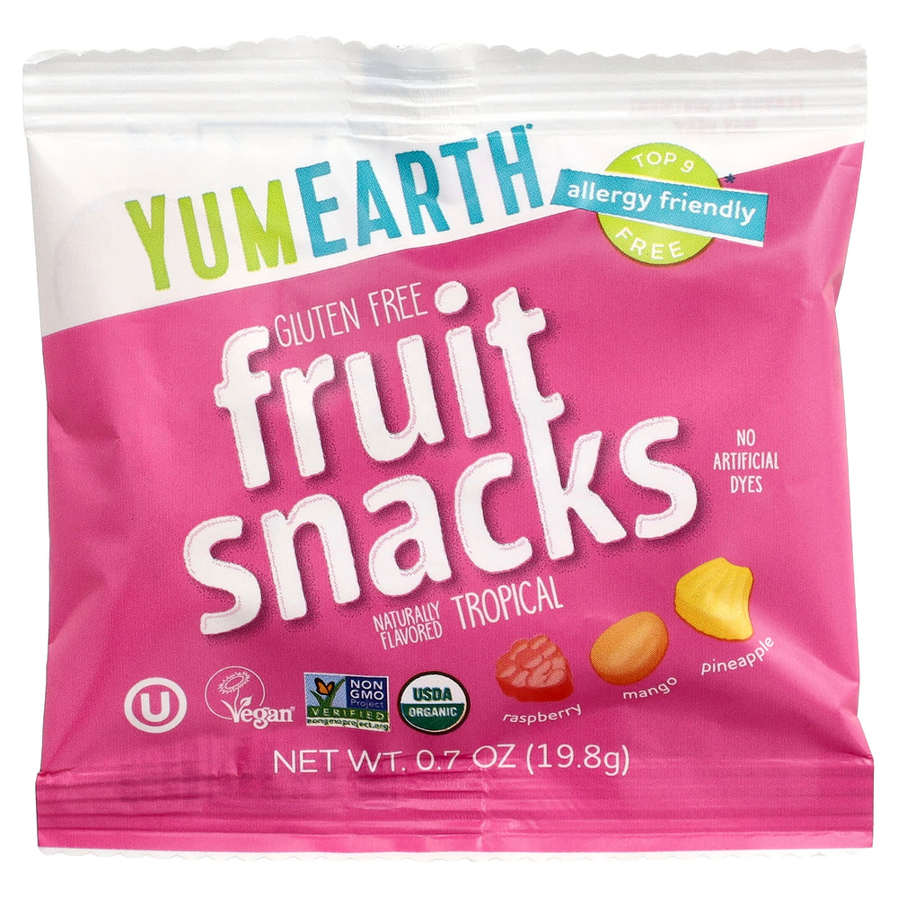 YumEarth, фруктовые снеки без глютена, со вкусом тропических фруктов, 10 упаковок по 19,8 г (0,7 унции)