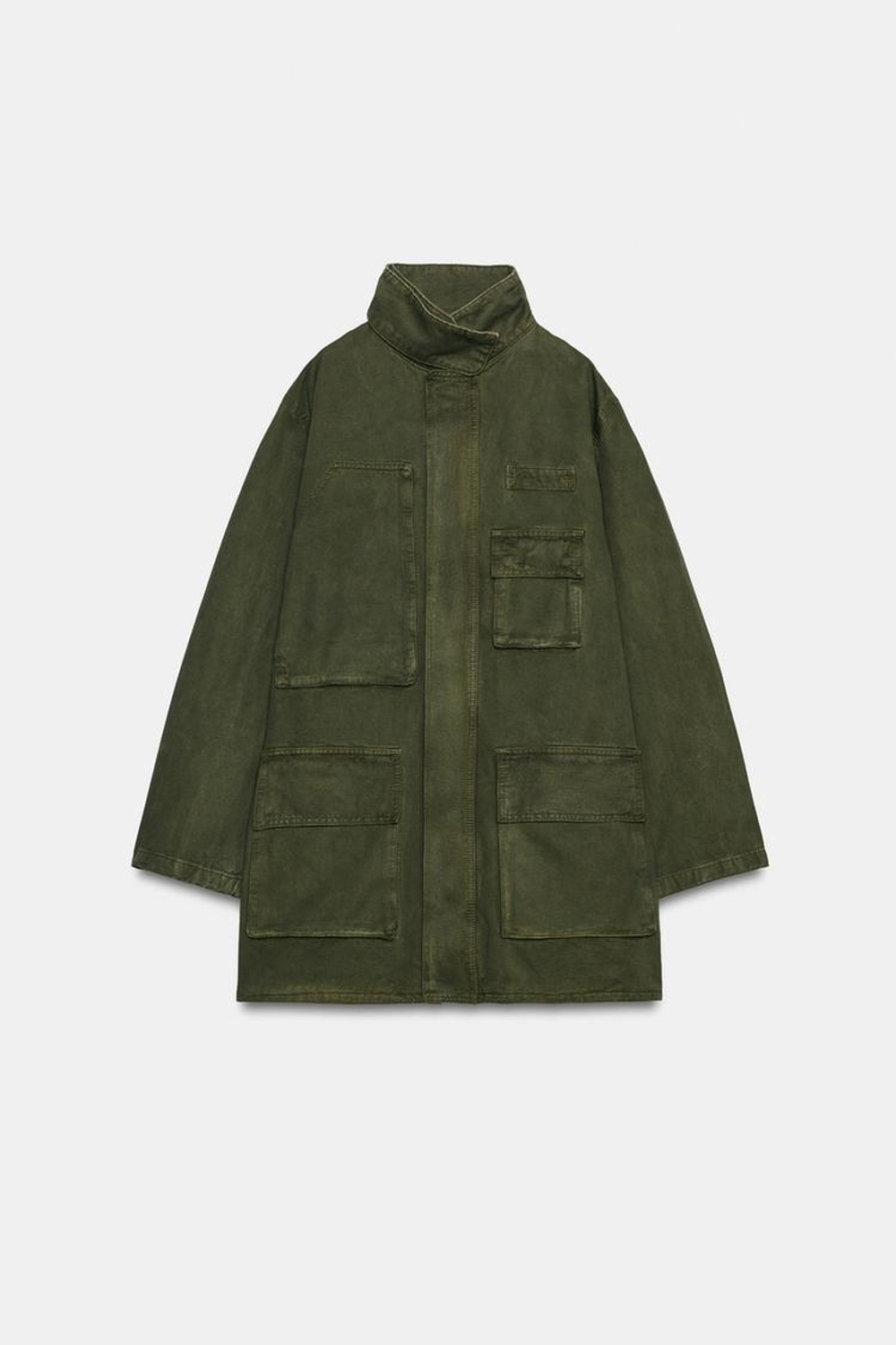 ZARA КУРТКА С ВОРОТНИКОМ-СТОЙКОЙ И КАРМАНАМИ, ТЕМНЫЙ ХАКИ