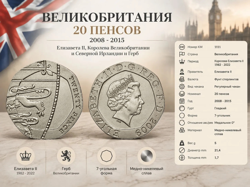 Великобритания 20 пенсов, 2009 Щит XF