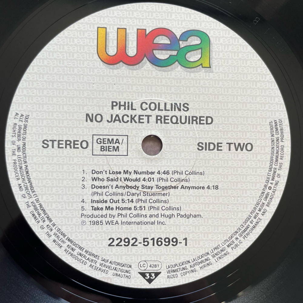 Винтажная виниловая пластинка LP Phil Collins No Jacket Required (Германия 1985)