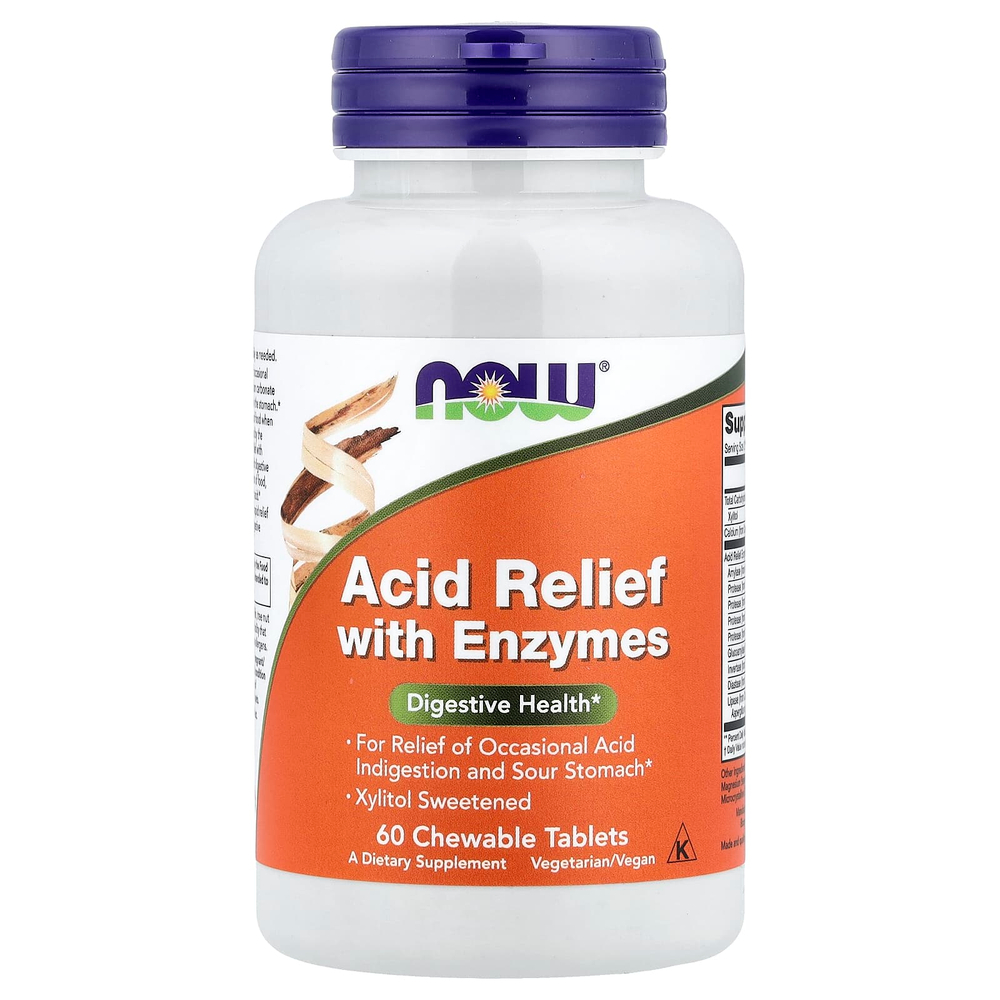 NOW Foods, средство для снижения кислотности с ферментами, 60 жевательных таблеток