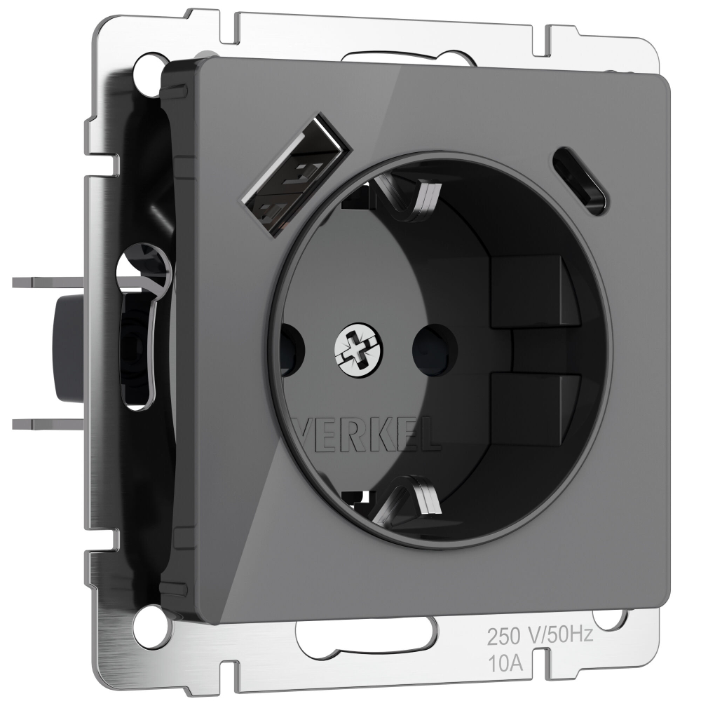 Розетка с заземлением, шторками и USB тип A+C (графит акрил)