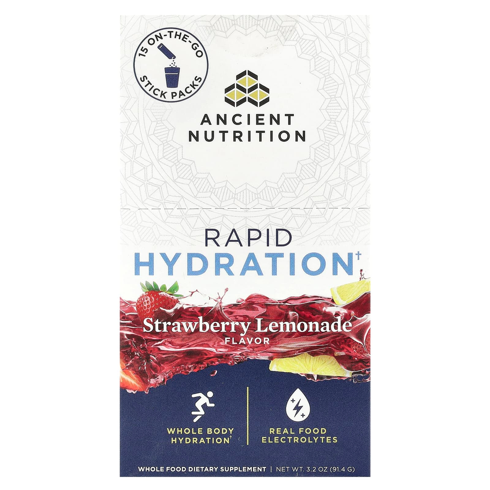 Ancient Nutrition, Rapid Hydration, клубничный лимонад, 15 упаковок в виде стиков, по 6,1 г (0,2 унции)