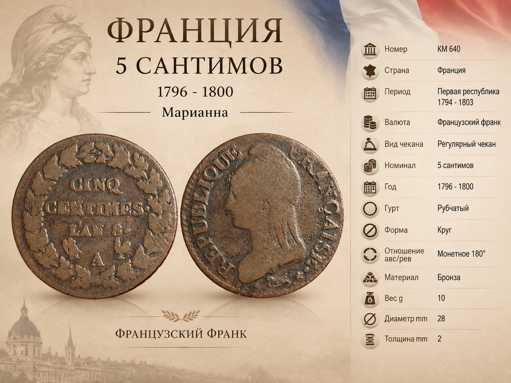 Франция 5 сантимов, 1799 A - Париж F