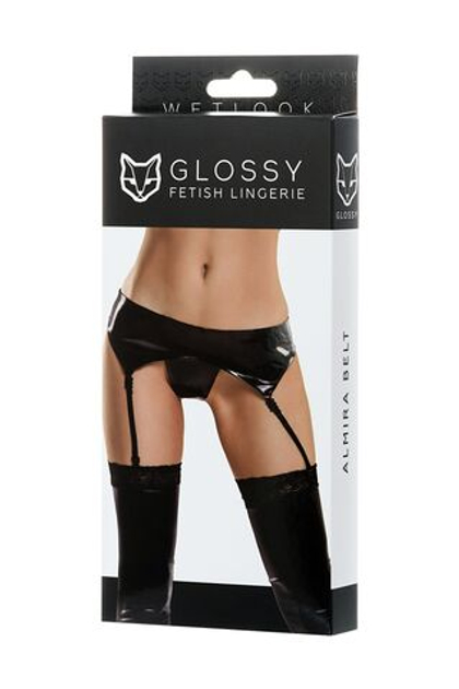 Glossy ALMIRA - Комплект из материала Wetlook (пояс с пажами для чулок и трусики), черный, S