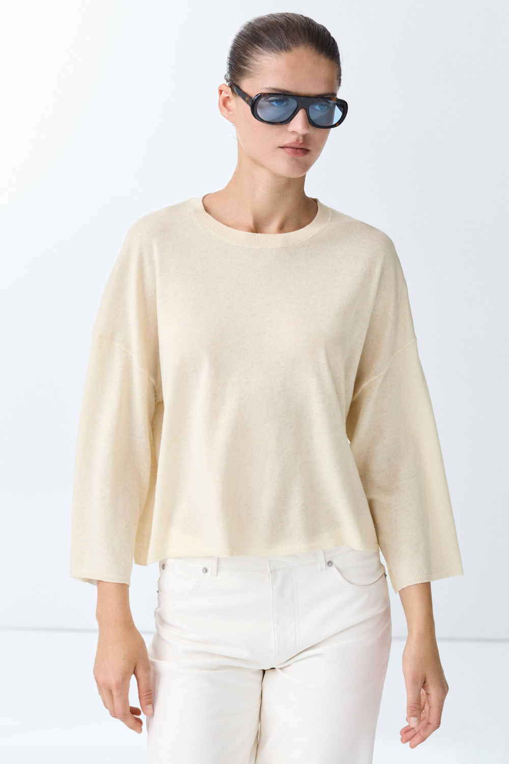 Massimo Dutti Свитер из смесовой шерсти с круглым вырезом, ванильный