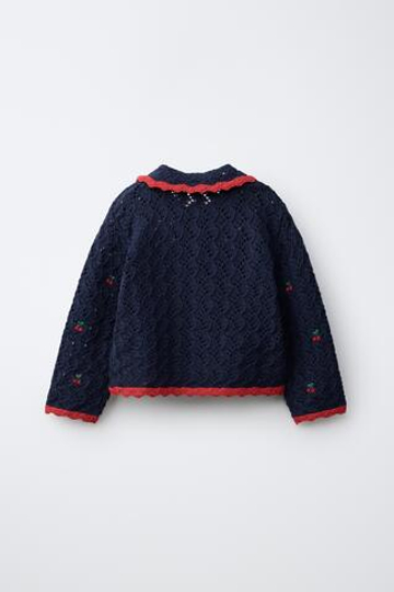 ZARA ТРИКОТАЖНОЕ ПОЛО С АЖУРНЫМ УЗОРОМ И ВИШНЯМИ, МОРСКОЙ СИНИЙ