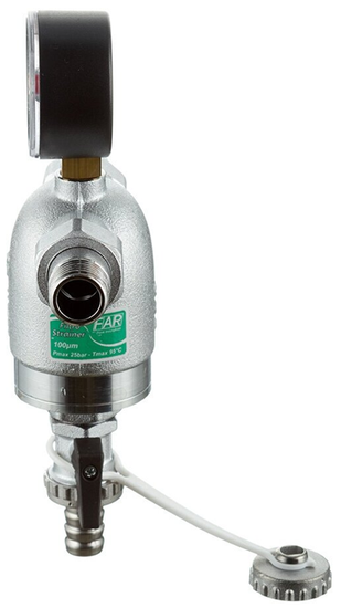 Фильтр FAR 1/2" НР/НР, с манометром, 100 мкм, Max: 95 °C, 25 бар FA 3944 12100