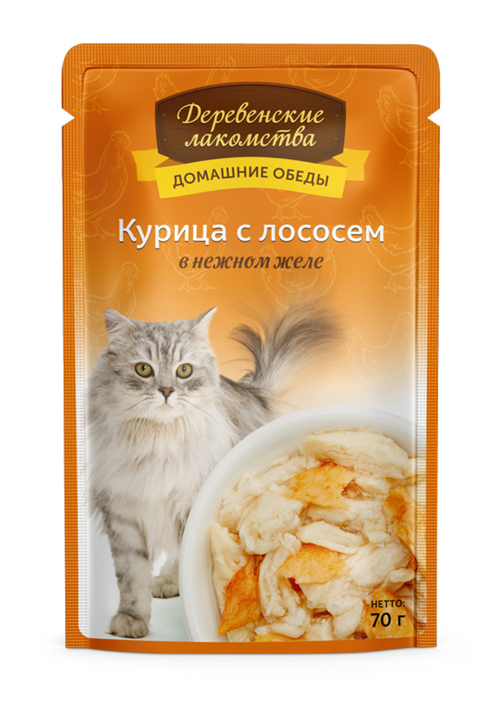 ДЕРЕВЕНСКИЕ ЛАКОМСТВА Домашние обеды Влажный корм для взрослых кошек с курицей и лососем 0,07 кг