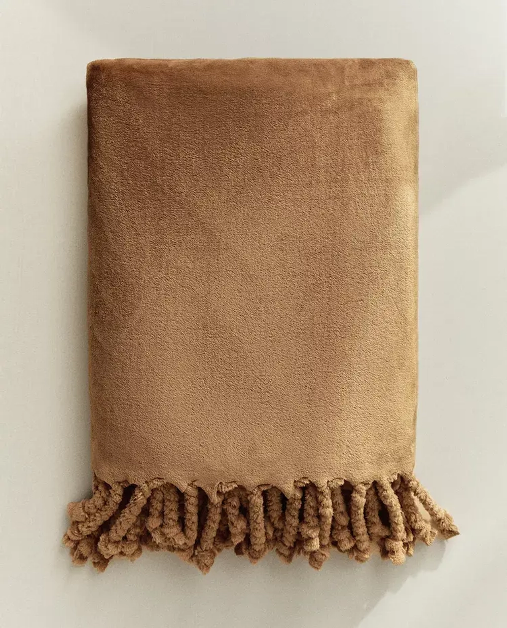 ZARA HOME ПЛЕД ИЗ ФЛИСА С БАХРОМОЙ, КОРИЧНЕВЫЙ