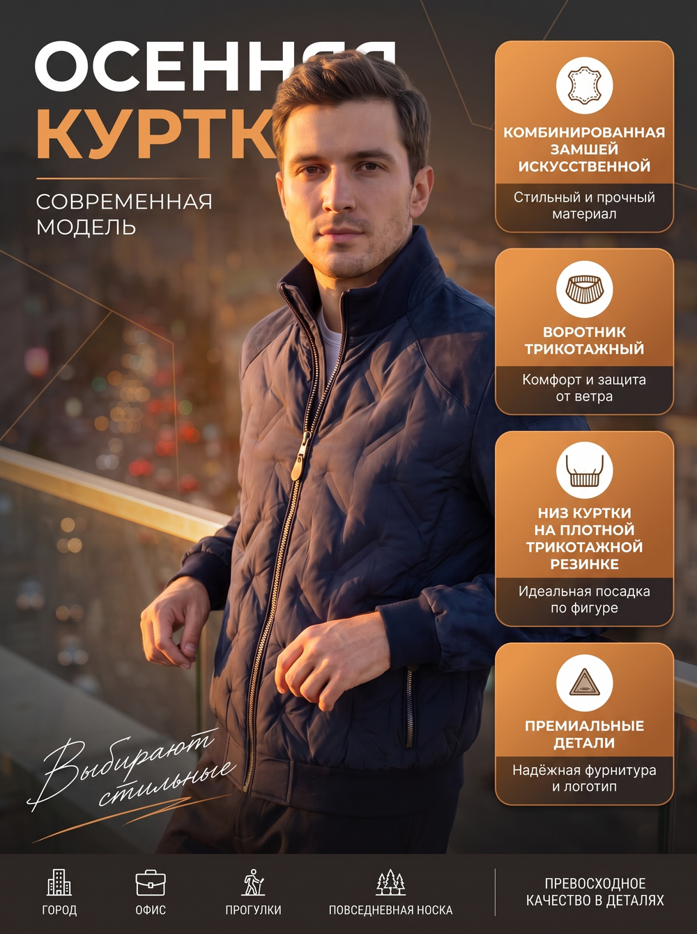 Осенняя куртка с замшевыми вставками на резинке