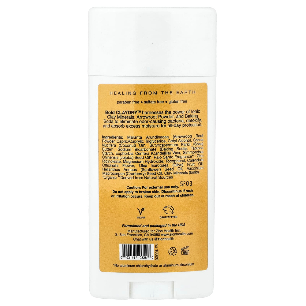 Zion Health, Claydry Deodorant, Bold, пало санто, 80 г (2,8 унции)