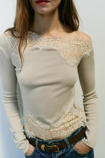 ZARA АСИММЕТРИЧНЫЙ ТОП С КРУЖЕВОМ, БЕЖЕВЫЙ