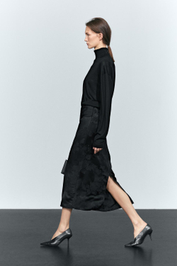 Massimo Dutti Прямая юбка миди с поясом, черный