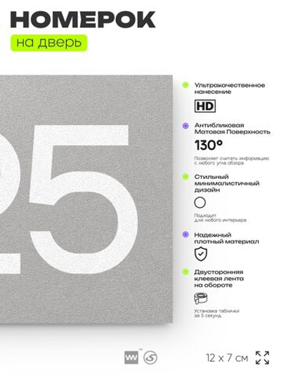 Номер на дверь 925, табличка на дверь для офиса, квартиры, кабинета, аудитории, склада, серая 120х70 мм, Айдентика Технолоджи