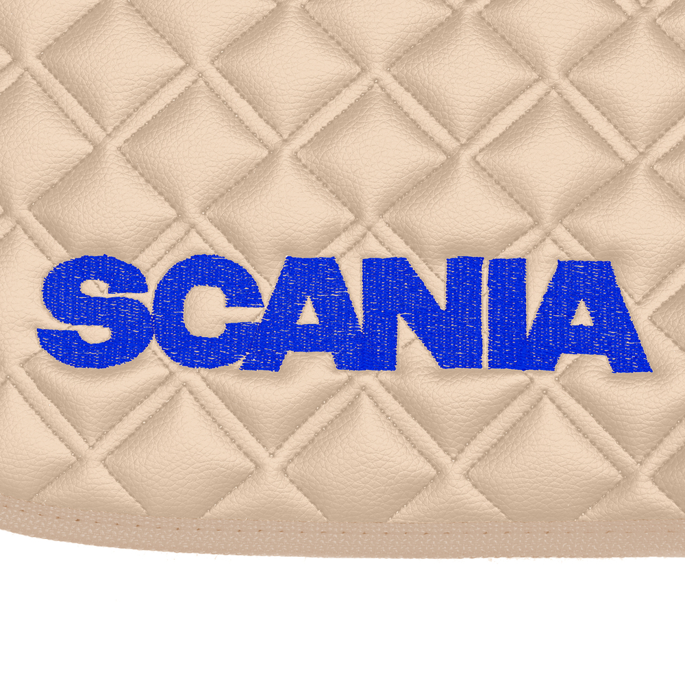 Ковры SCANIA 5 серии G (механика), (экокожа, бежевый, бежевый кант, синяя вышивка)