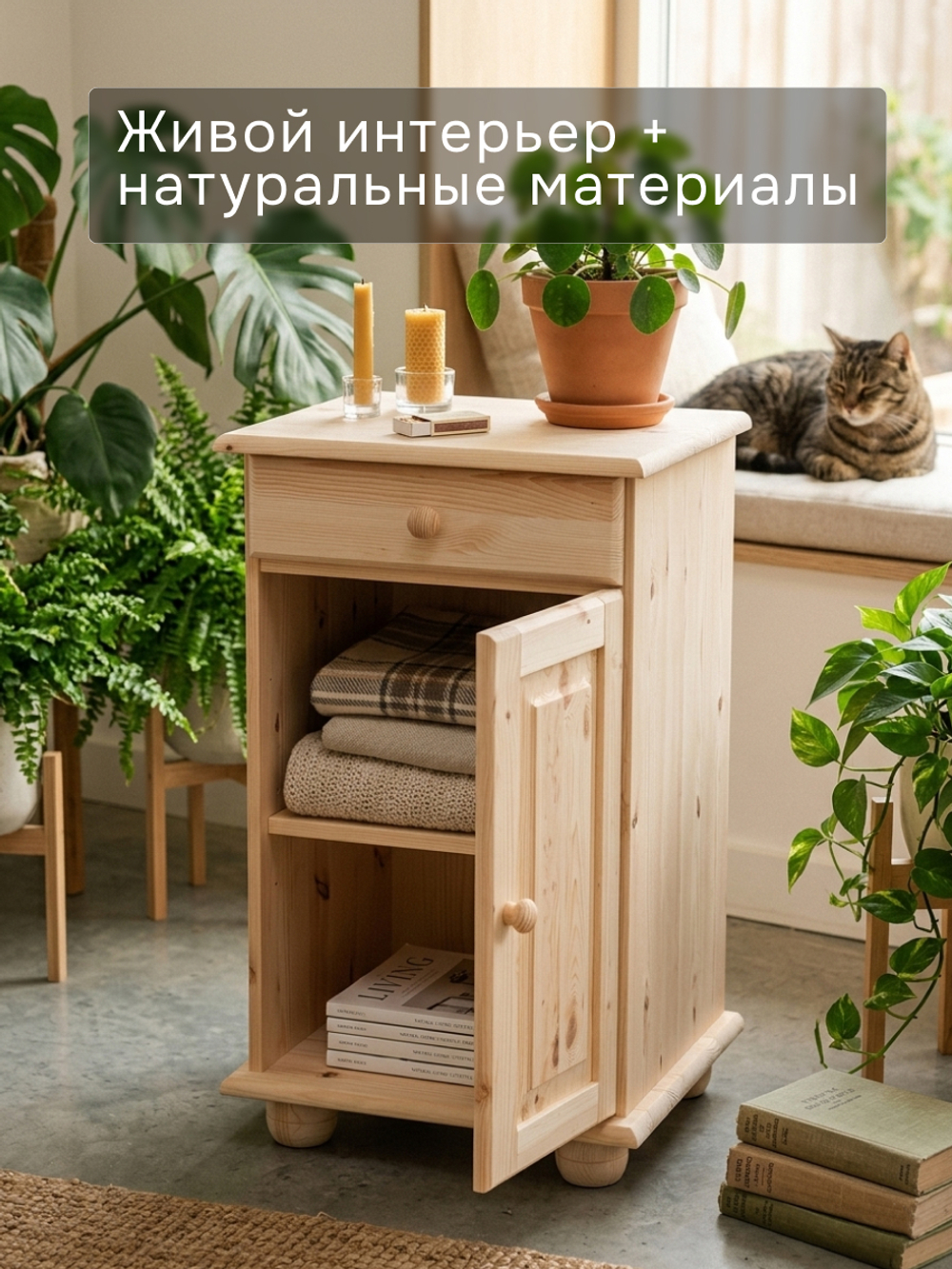 Тумба, 48х39х81, Лена, однодверная, из массива дерева, с ящиком, буфет для кухни, лак