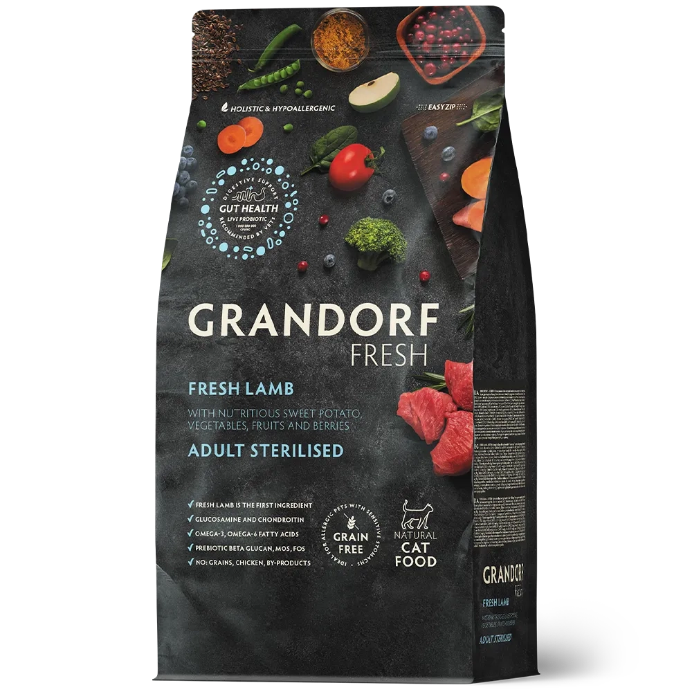 Сухой корм GRANDORF FRESH CAT Lamb STERILISED беззерновой, ягненок с бататом для стерилизованных кошек, чувствительное пищеварение или склонность к аллергии 0,4кг