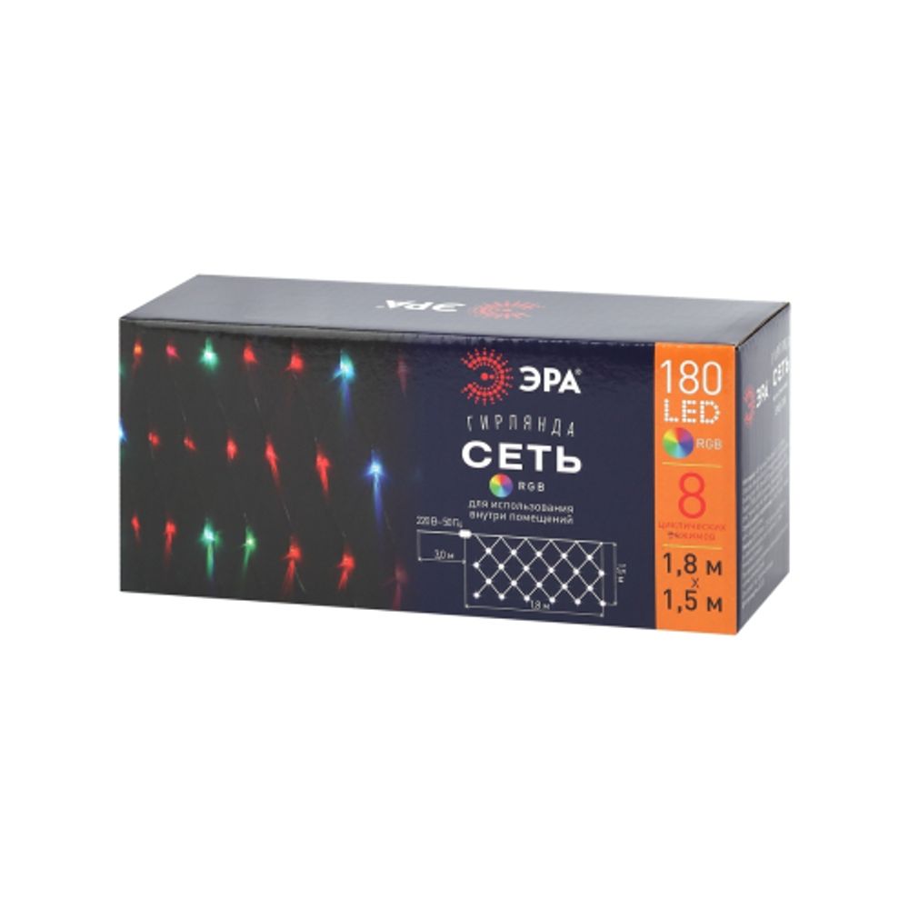 Светодиодная новогодняя гирлянда ЭРА ENIS-01R сеть 1,8мХ1,5м RGB | Гирлянды