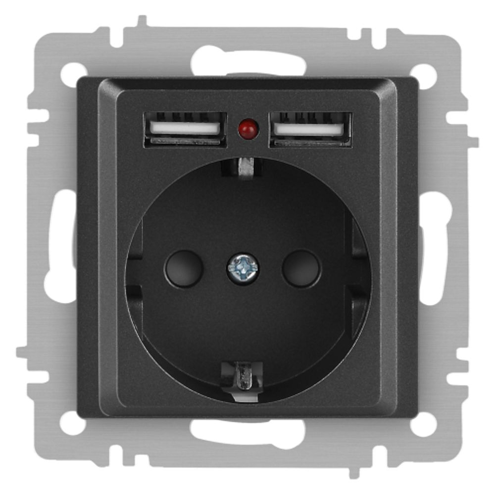 Розетка Intro Accent 6-410-07 с заземлением 2P+E Schuko со шторками 16А-250В + 2хUSB IP20 СУ графит | Intro