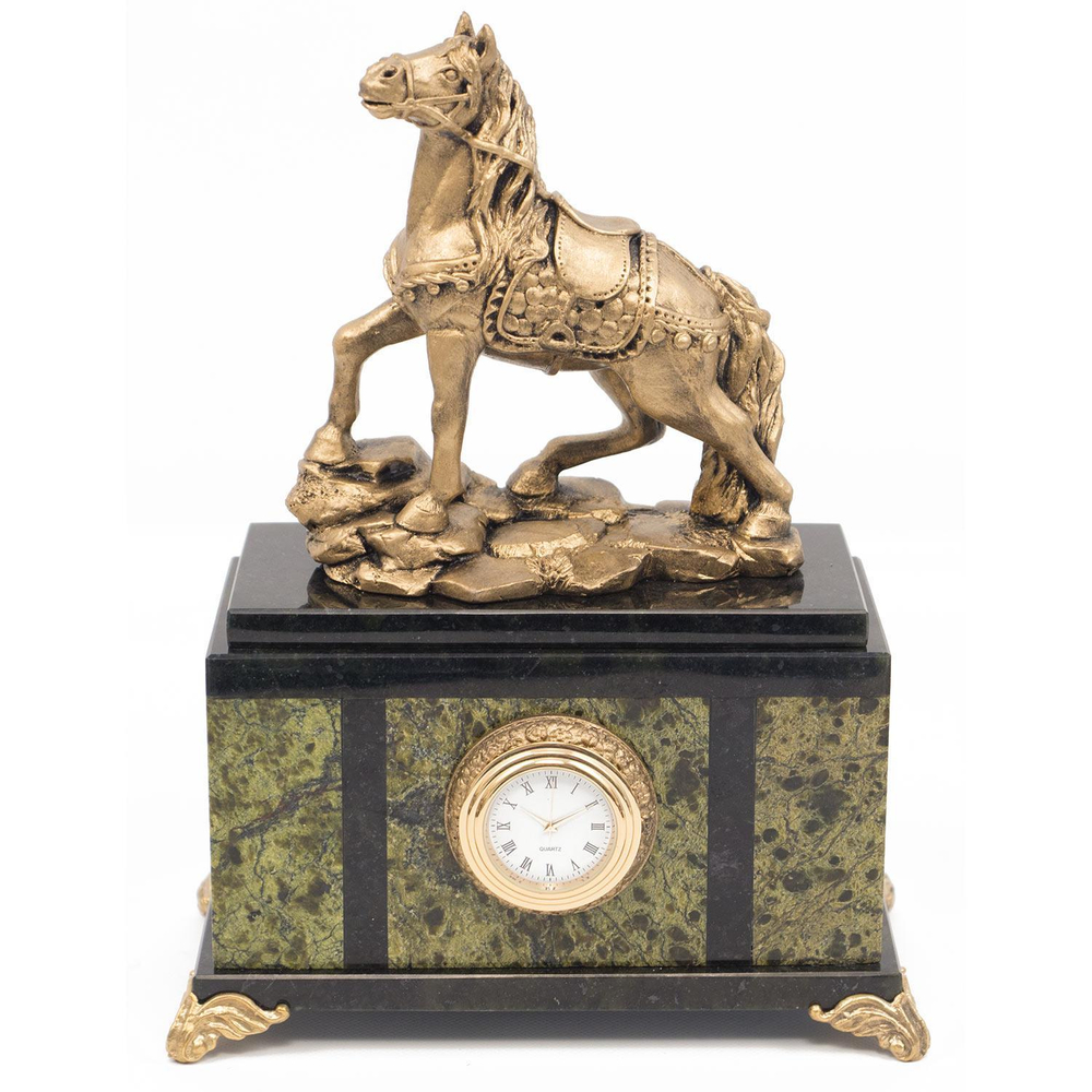 Часы "Конь" змеевик статуэтка мрамолит 175х100х230 мм 2550 гр. R117678