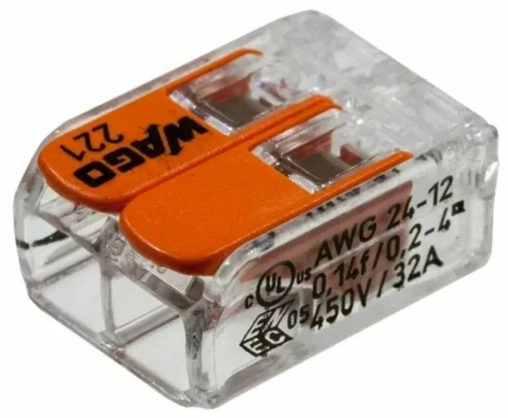 WAGO Клемма с рычажком 221-412 2 пров.(0,14-4кв.мм), б/пасты, IP20 (6шт) 184776