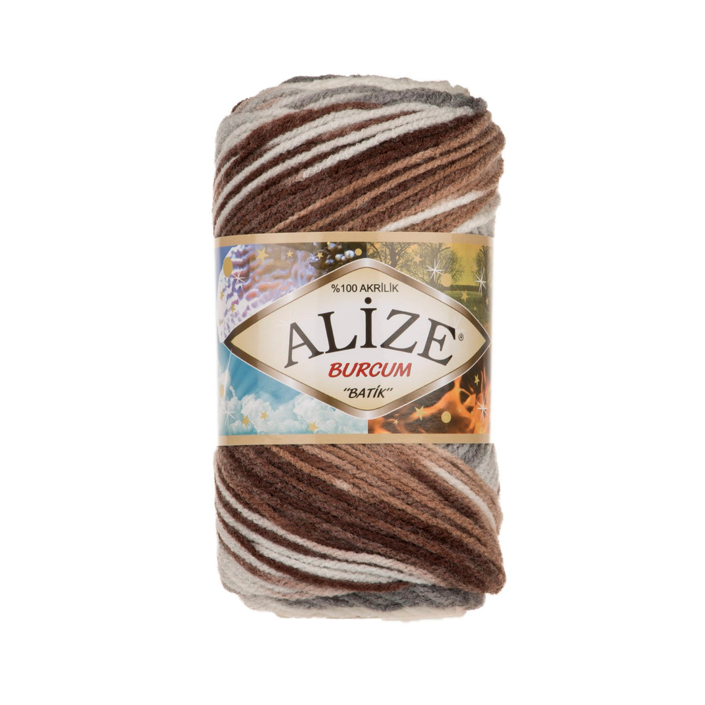 Бурджум батик (Burcum batik) пряжа Alize 100%акрил 5х100г/210м (5742 белый-серый-коричневый)