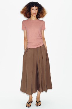 ZARA ФУТБОЛКА ИЗ ХЛОПКА И ЛЬНА С КОРОТКИМИ РУКАВАМИ, ЦВЕТ РОЗОВОГО МЕЛА