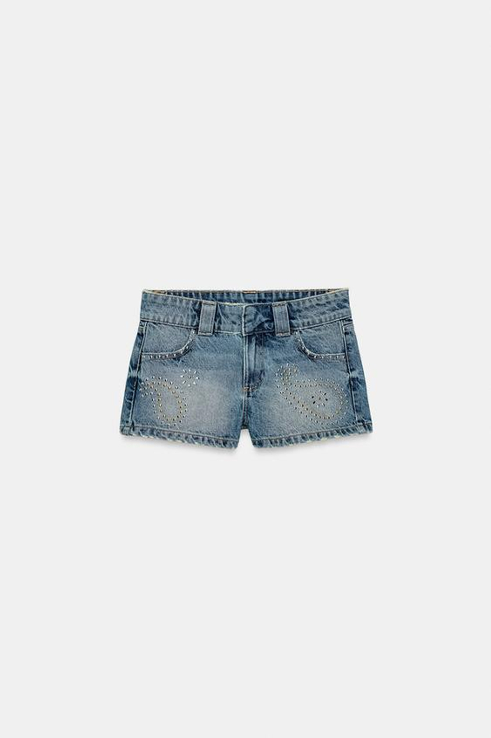 ZARA МИНИ-ШОРТЫ Z1975 С ЗАКЛЕПКАМИ, ВЫЦВЕТШИЙ СИНИЙ