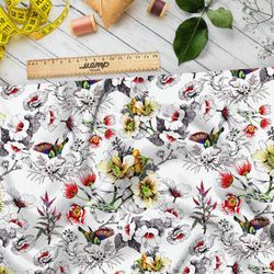 Ткань саржа фантастический красочный букет с птичками