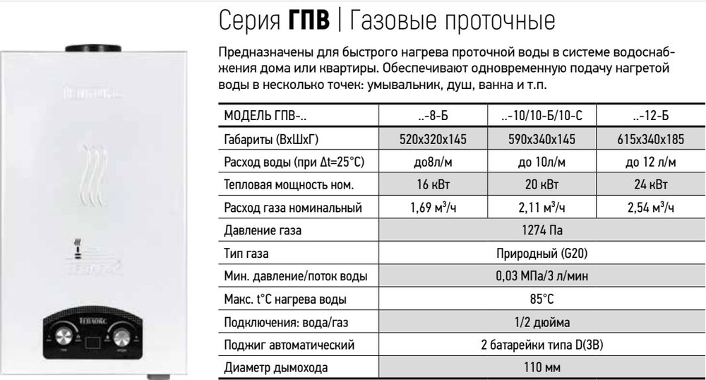 Газовая колонка Теплокс ГПВ-12-Б (2 элемента питания типа D)