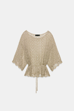 ZARA ТРИКОТАЖНЫЙ ТОП С БЛЕСТЯЩЕЙ НИТЬЮ И ПОЯСОМ, ЗОЛОТОЙ
